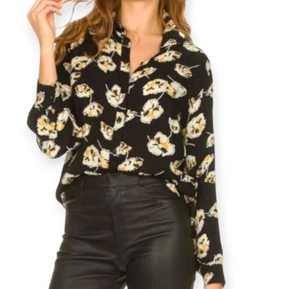 Ba&Sh Una Plisse Pleated Floral Button Up Black w Cream Yellow Flowers XS - Picture 1 of 16